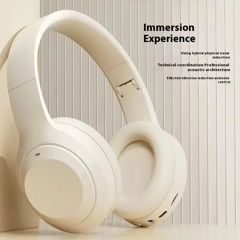 Cream-colored lenovo surround sound wireless bluetooth headphones with foldable design and noise reduction sports earcups