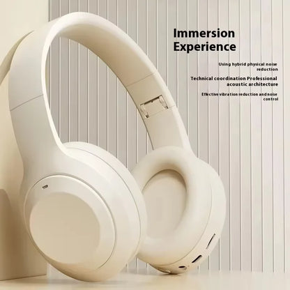 Cream-colored lenovo surround sound wireless bluetooth headphones with foldable design and noise reduction sports earcups