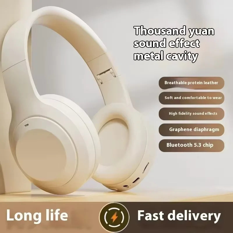 Cream-colored lenovo surround sound wireless over-ear headphones with breathable protein leather earcups and noise reduction sports design