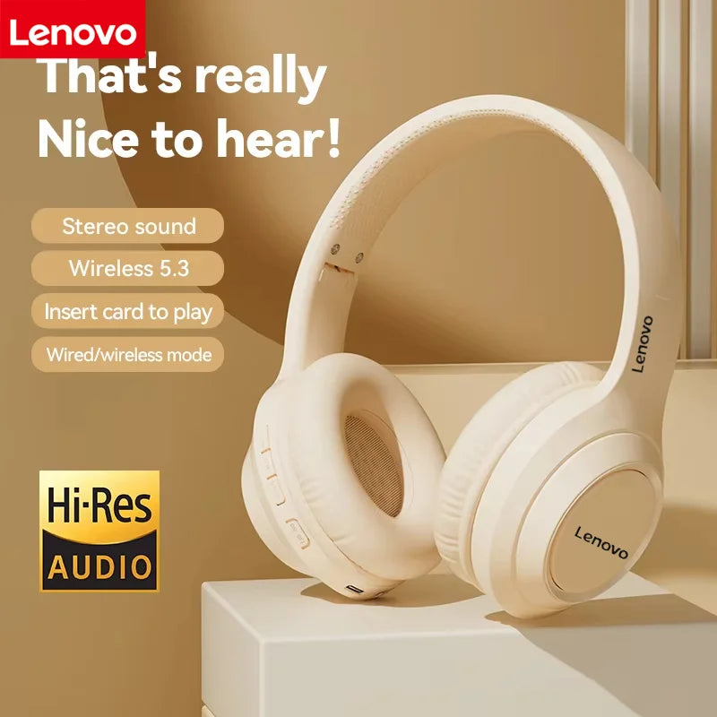 Cream-colored lenovo surround sound wireless headphones with foldable design and noise reduction sports earcups