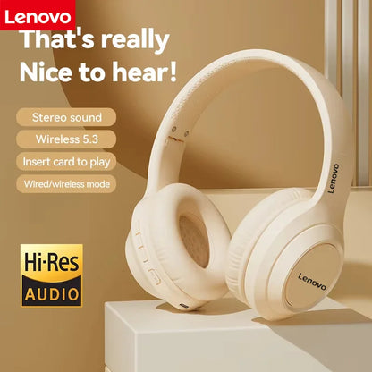 Cream-colored lenovo surround sound wireless headphones with foldable design and noise reduction sports earcups