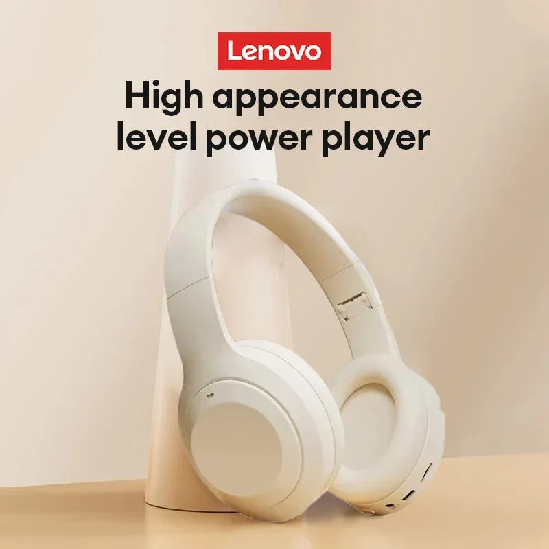 White lenovo surround sound wireless bluetooth over ear headphones with foldable design and noise reduction sports features