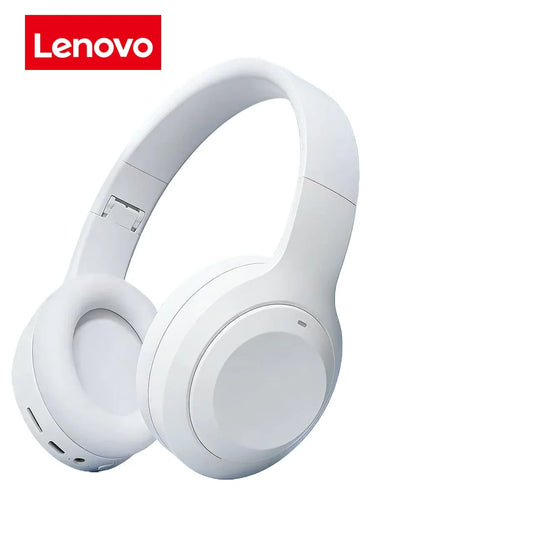White lenovo surround sound wireless over-ear headphones with foldable design and noise reduction sports use features soft cushions