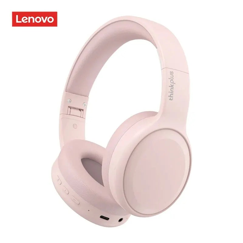 Lenovo thinkplus pink wireless over-ear headphones with soft padded earcups and foldable gaming headset sport design
