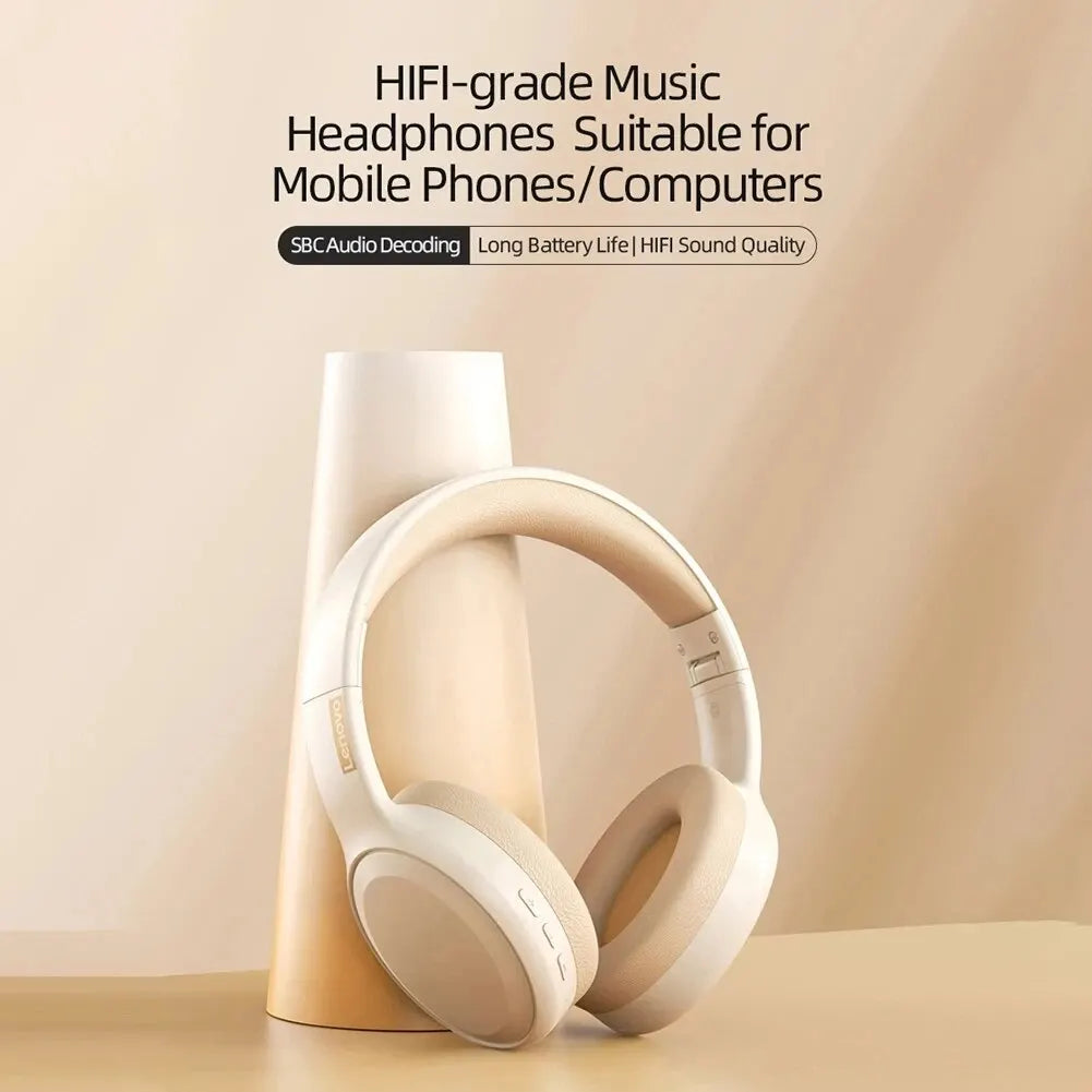 Beige lenovo th30 wireless headphones with soft earcups foldable gaming headset sport with mic music earbuds