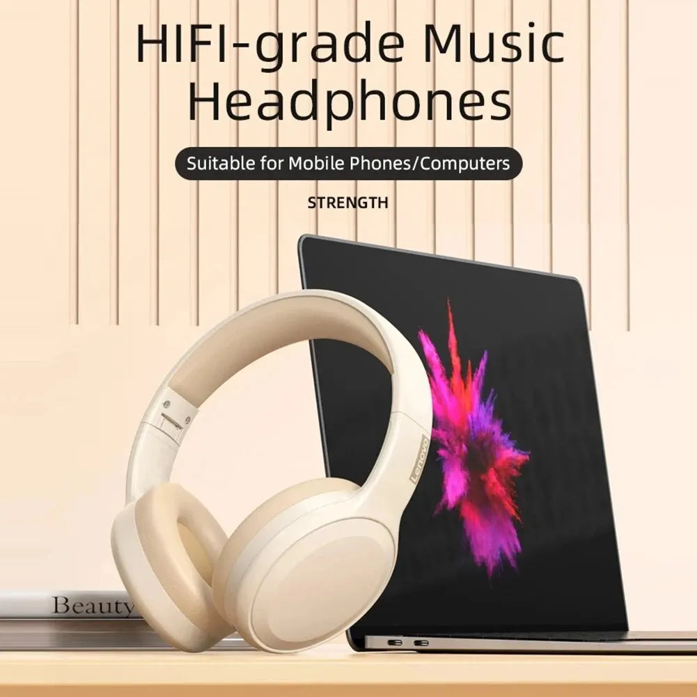 Cream-colored Lenovo TH30 wireless earphones foldable gaming headset with Bluetooth 5.3 and soft padding for sport use