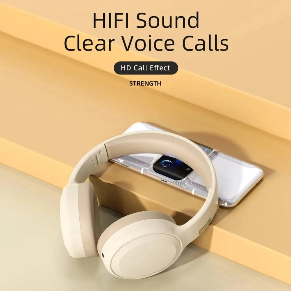 Cream-colored lenovo th30 wireless foldable gaming headset with soft padded earcups and mic music earbuds for clear calls