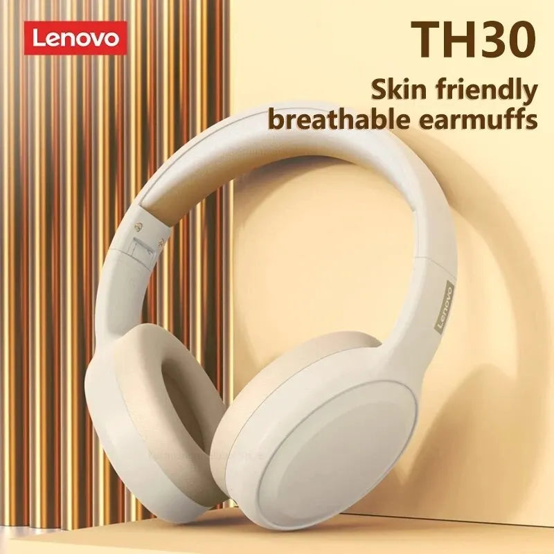 Lenovo TH30 wireless folding gaming headset in sleek white with soft skin-friendly earcups and mic music earbuds