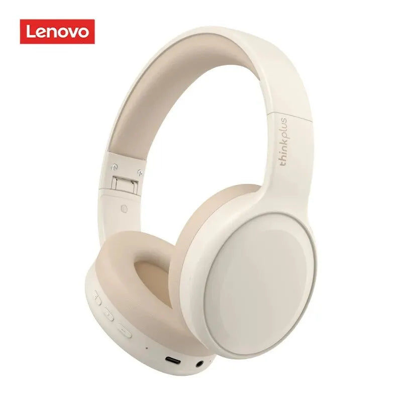 Lenovo thinkplus TH30 wireless foldable gaming headset sport in matte off-white with soft ear cushions and mic music earbuds