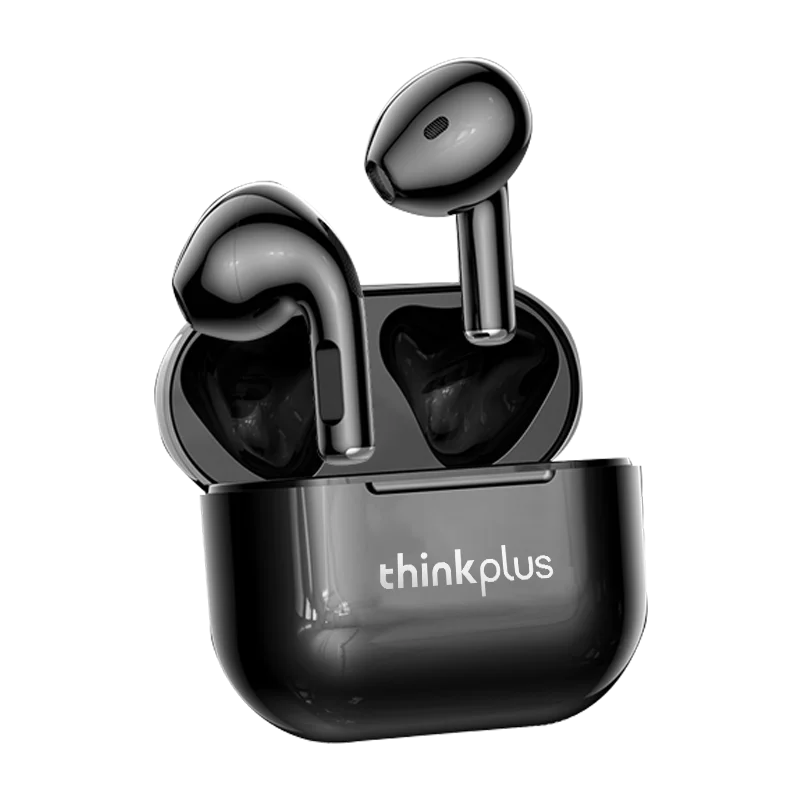 Black Lenovo Thinkplus LP40 Bluetooth earphones in a glossy charging case for phone music gaming use