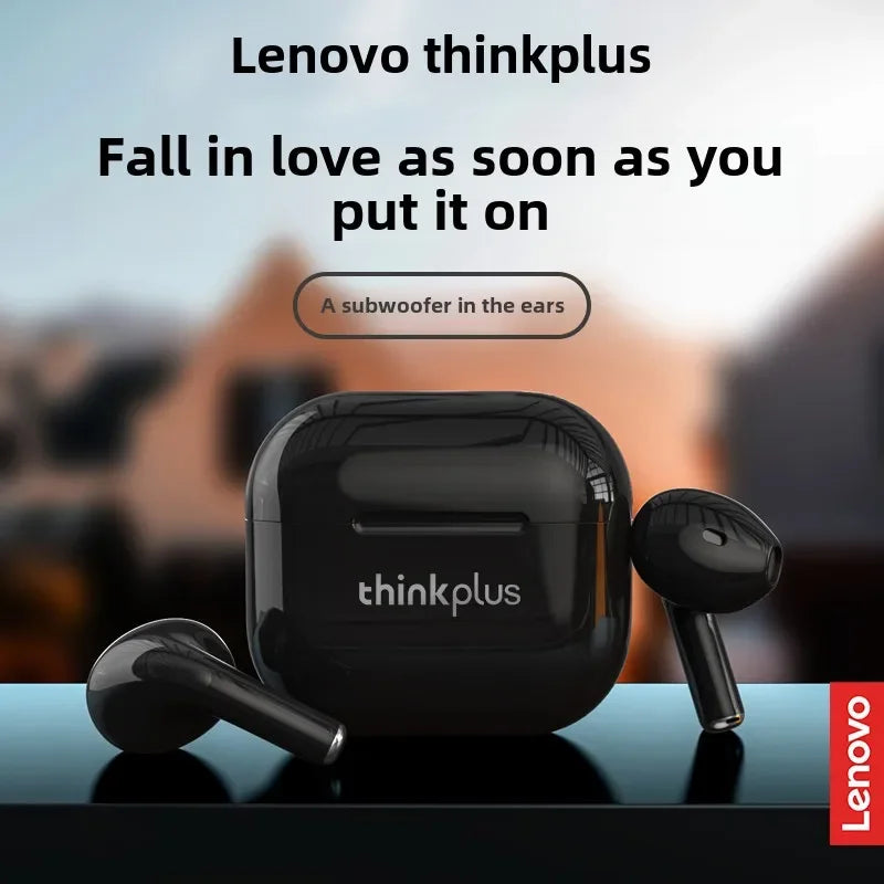 Black lenovo thinkplus lp40 wireless earbuds with glossy finish and matching charging case for phone music gaming