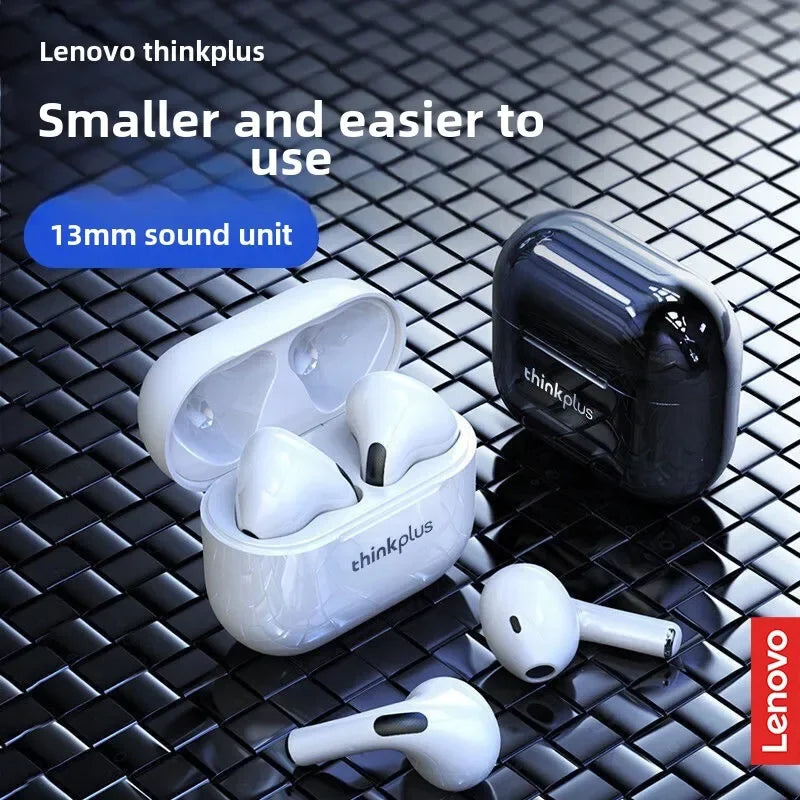White lenovo thinkplus lp40 bluetooth earphones wireless headset with glossy finish and matching charging case for phone music gaming