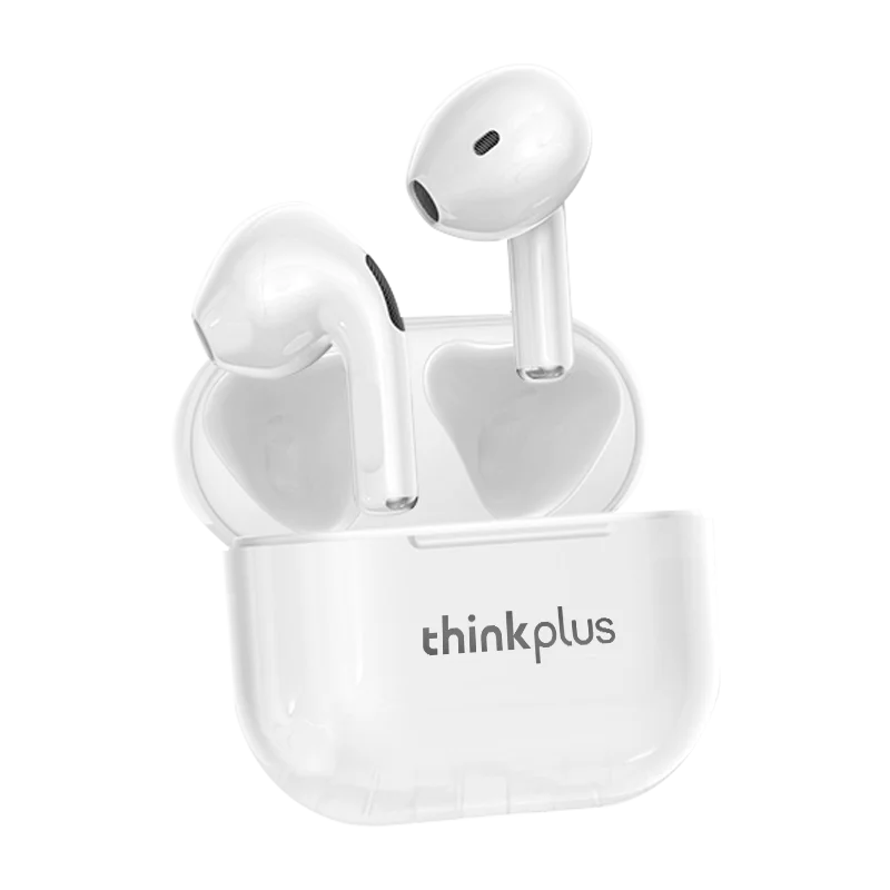 White lenovo thinkplus lp40 wireless earbuds in charging case designed for phone music gaming with bluetooth connectivity