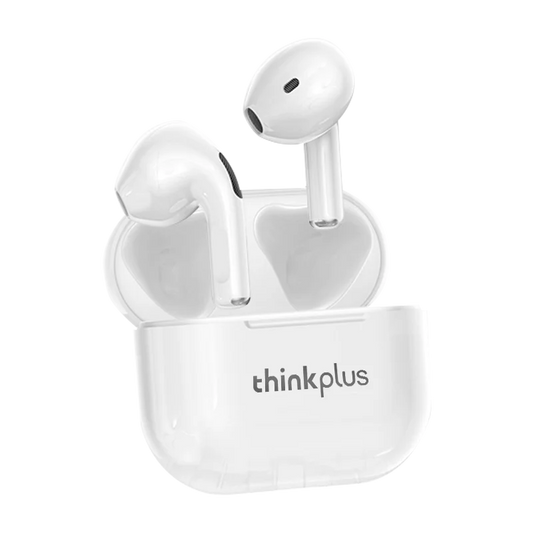 White lenovo thinkplus lp40 wireless earbuds in charging case designed for phone music gaming with bluetooth connectivity