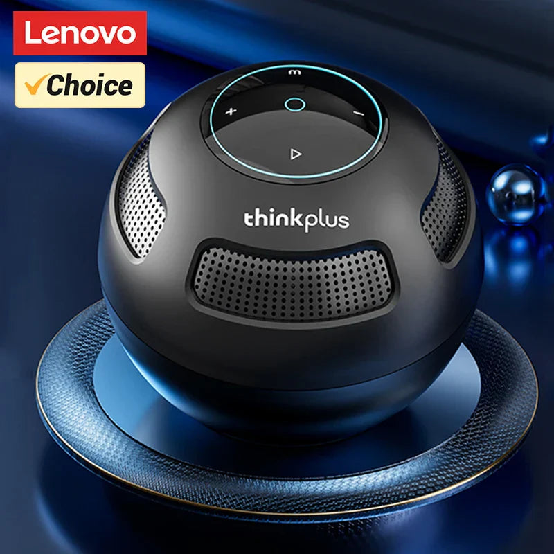 Black spherical lenovo thinkplus bluetooth speaker with glossy finish and illuminated buttons portable subwoofer surround player home theater