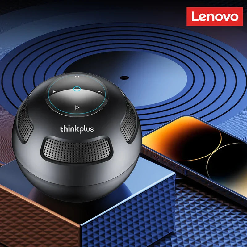 Black spherical lenovo thinkplus portable subwoofer surround wireless bluetooth 5.3 outdoor loudspeaker with glossy finish and circular control panel