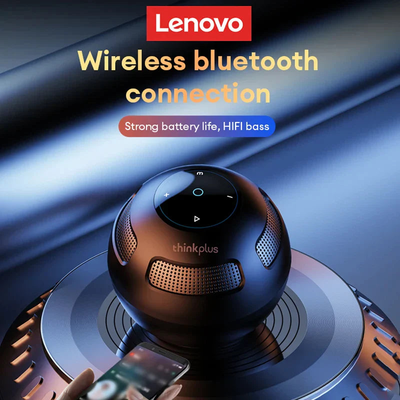 Black spherical lenovo thinkplus wireless bluetooth speaker with perforated grille and control buttons for outdoor loudspeaker use