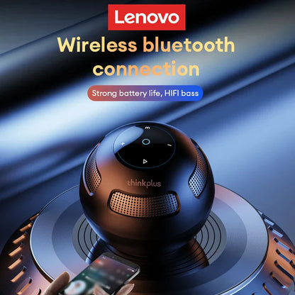 Black spherical lenovo thinkplus wireless bluetooth speaker with perforated grille and control buttons for outdoor loudspeaker use