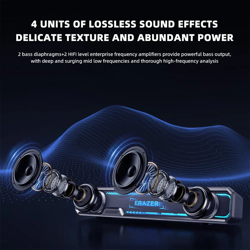 Lenovo wired bluetooth speaker rgb with abyss light effect and dual bass diaphragm featuring four audio drivers in black and blue