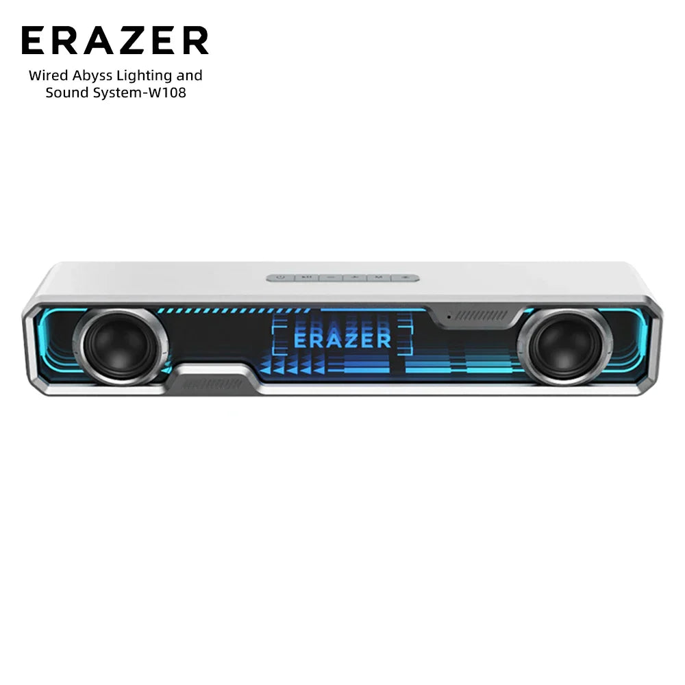 Lenovo wired bluetooth speaker rgb w108 in white and silver with abyss light effect and dual bass diaphragm speakers