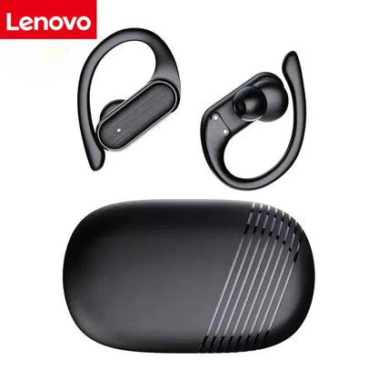 Black Lenovo wireless in-ear headphones stereo surround with hook design noise cancelling microphone and LED charging case