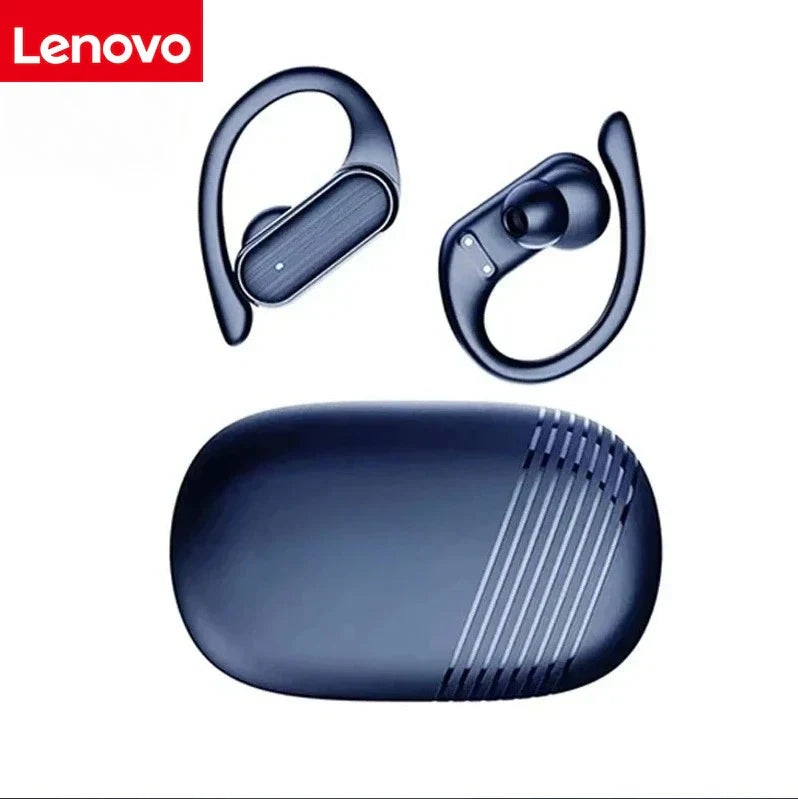 Lenovo wireless navy blue headphones stereo surround with noise cancelling microphone and textured charging case