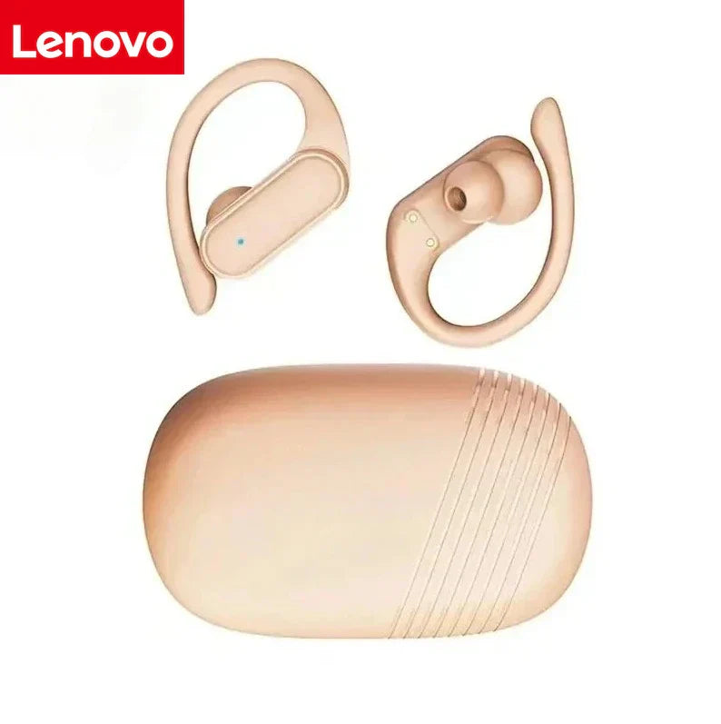 Beige lenovo wireless headphones stereo surround earbuds with hook design noise cancelling microphone and charging case