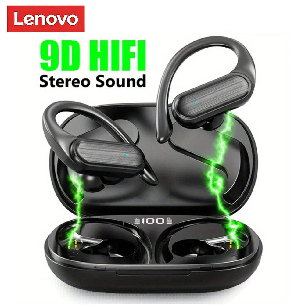 Black lenovo wireless headphones stereo surround earbuds with noise cancelling microphone and metallic ergonomic design