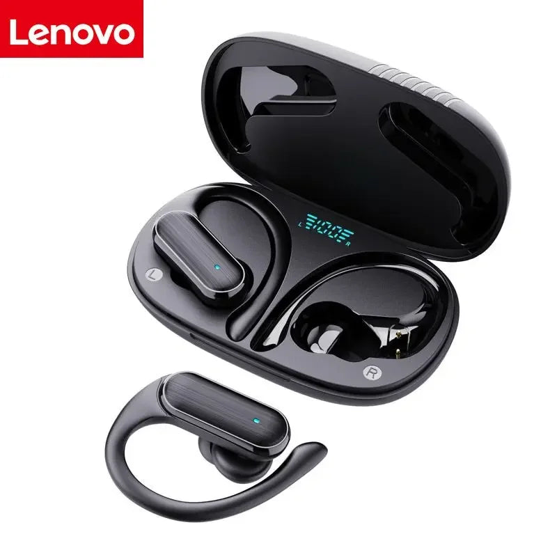 Black lenovo wireless in-ear headphones stereo surround with noise cancelling microphone and led display charging case
