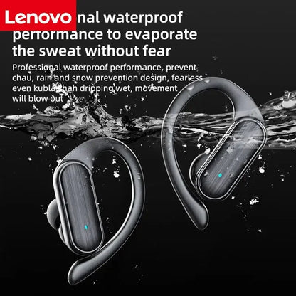 Black lenovo wireless in-ear headphones stereo surround with noise cancelling microphone and wood-grain textured shell