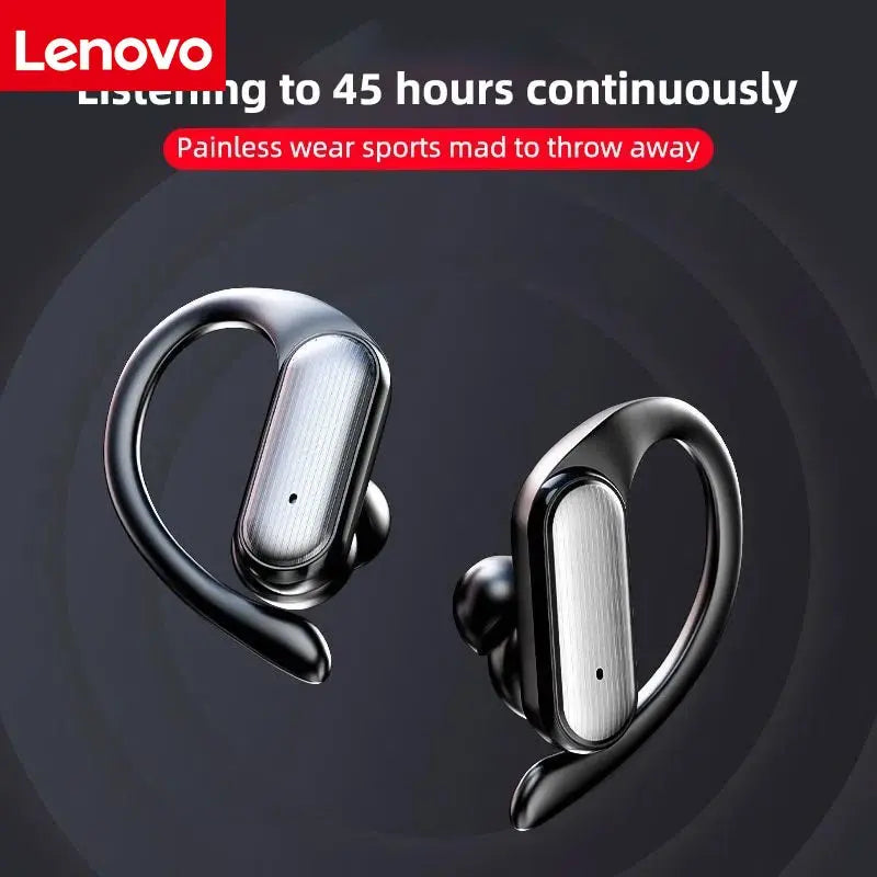 Black and silver lenovo wireless in-ear headphones stereo surround with ergonomic hook design and noise cancelling microphone