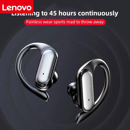 Black and silver lenovo wireless in-ear headphones stereo surround with ergonomic hook design and noise cancelling microphone