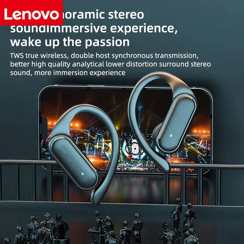 Lenovo wireless earbuds with metallic finish and ergonomic hook design featuring noise cancelling microphone and stereo surround