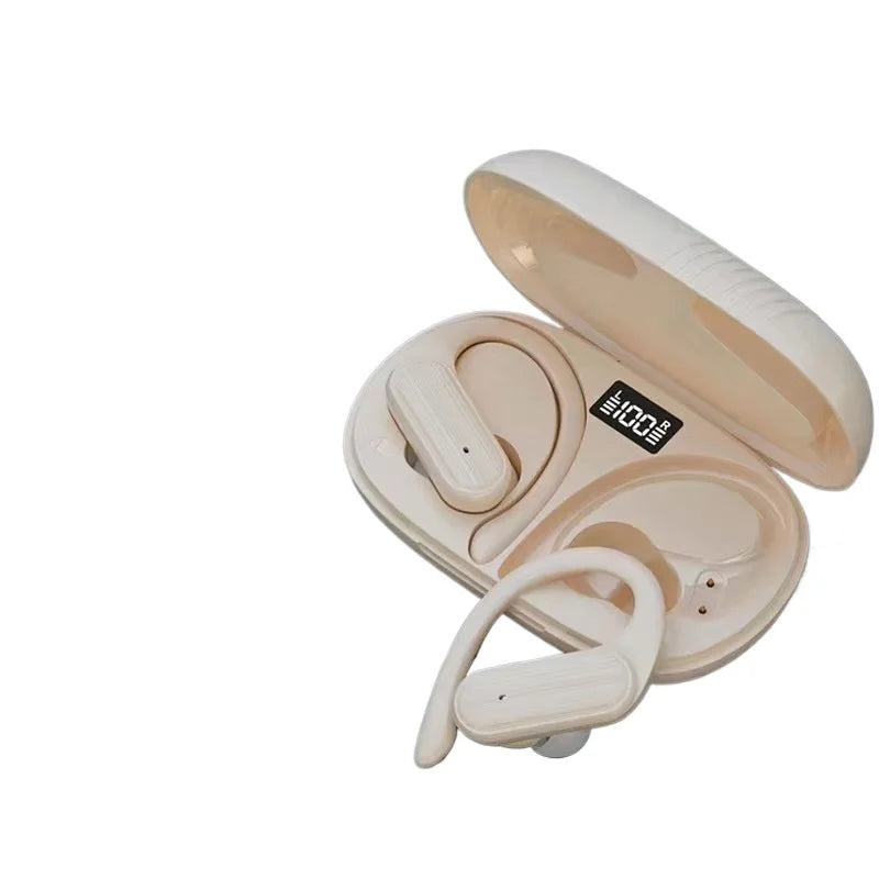 Cream-colored lenovo wireless in-ear headphones stereo surround with noise cancelling microphone and led display charging case