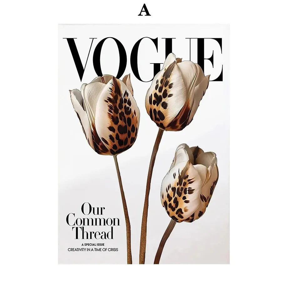 A vogue magazine cover featuring three stylized cream and brown leopard print tulips on white for fashion wall art