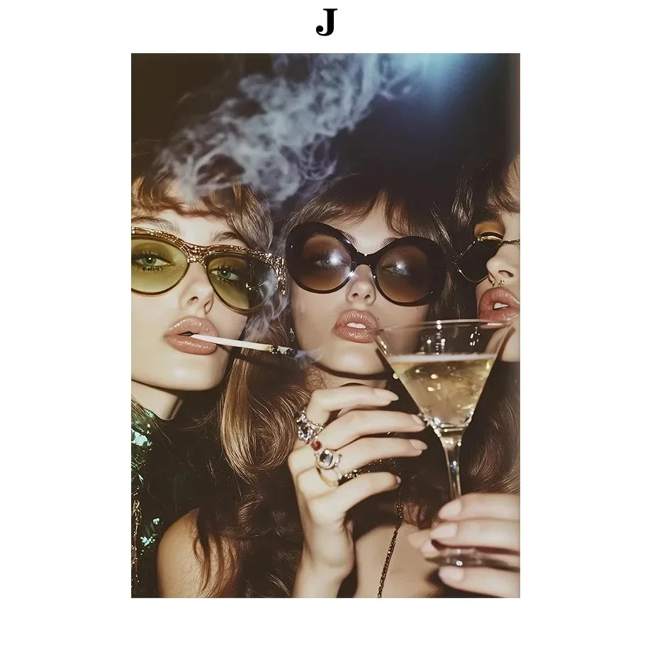 A woman wearing oversized dark sunglasses with gold frames holding a martini glass in leopard rose fashion poster