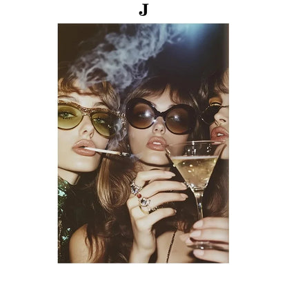 A woman wearing oversized dark sunglasses with gold frames holding a martini glass in leopard rose fashion poster