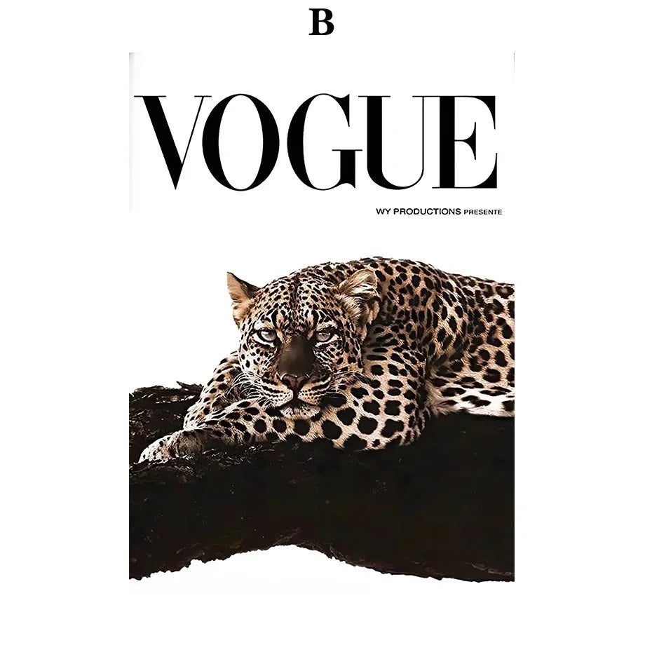Black and gold leopard resting on dark surface with bold vogue typography in leopard rose fashion canvas wall art poster