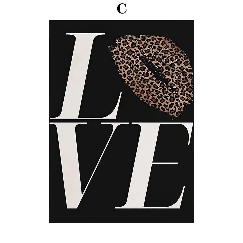 Leopard rose fashion poster featuring black and beige leopard print lips over the word love for room decor