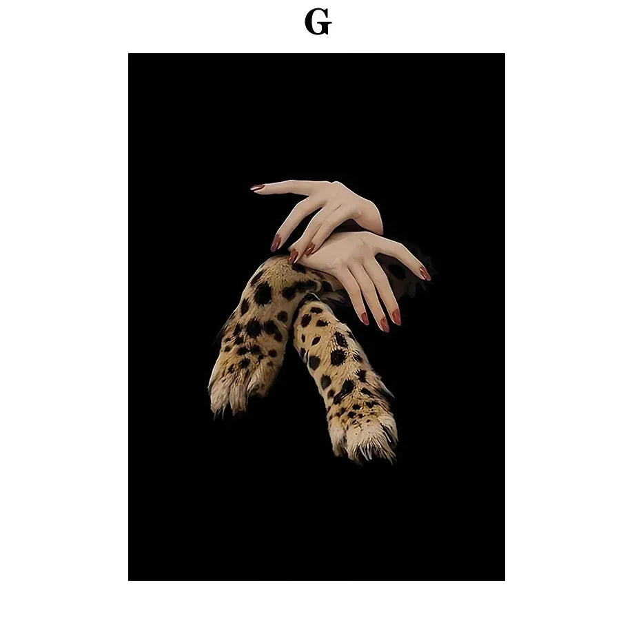 A leopard rose fashion poster featuring a pair of soft fluffy leopard-print animal paws with dark spots on canvas