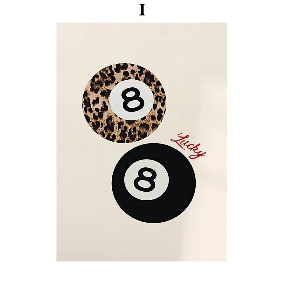 Leopard-print and solid black billiard ball-themed decorative art print for fashion wall art and room decor canvas painting