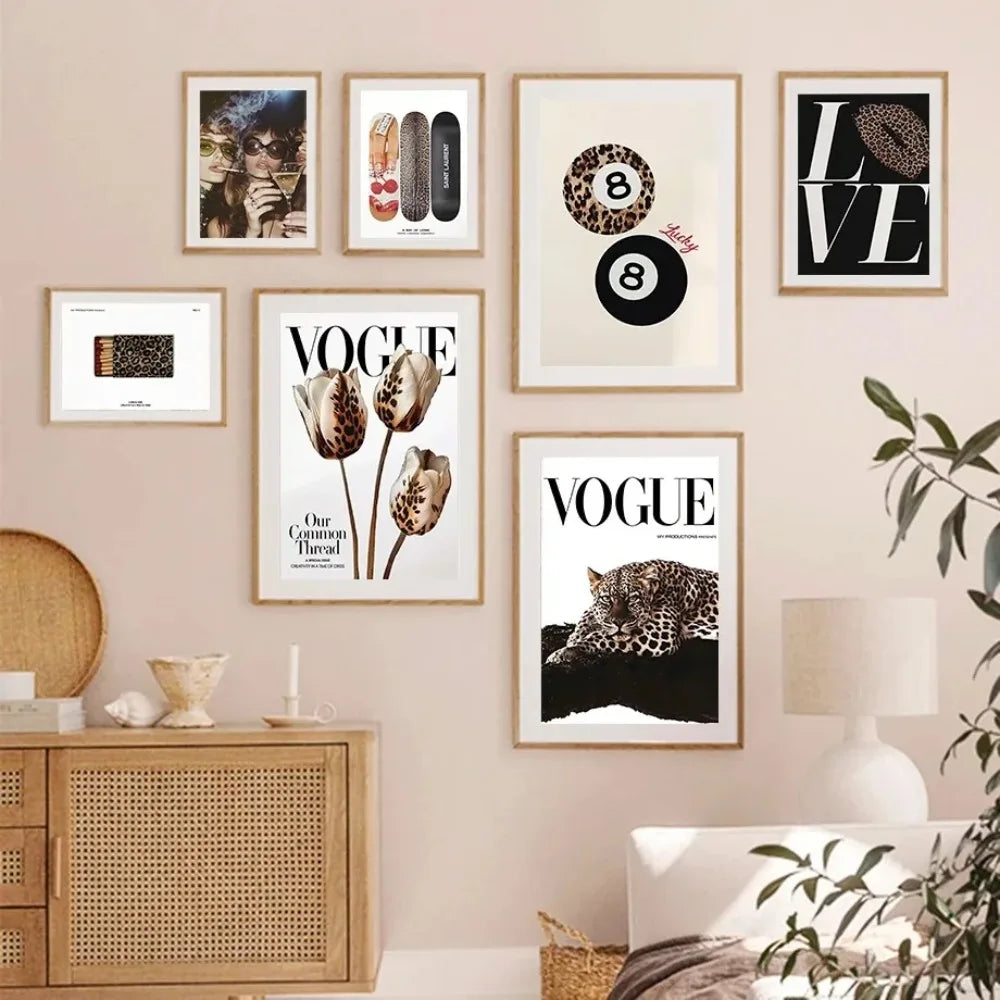 A framed vogue magazine cover featuring a black and white leopard resting on dark fabric for fashion wall art decor