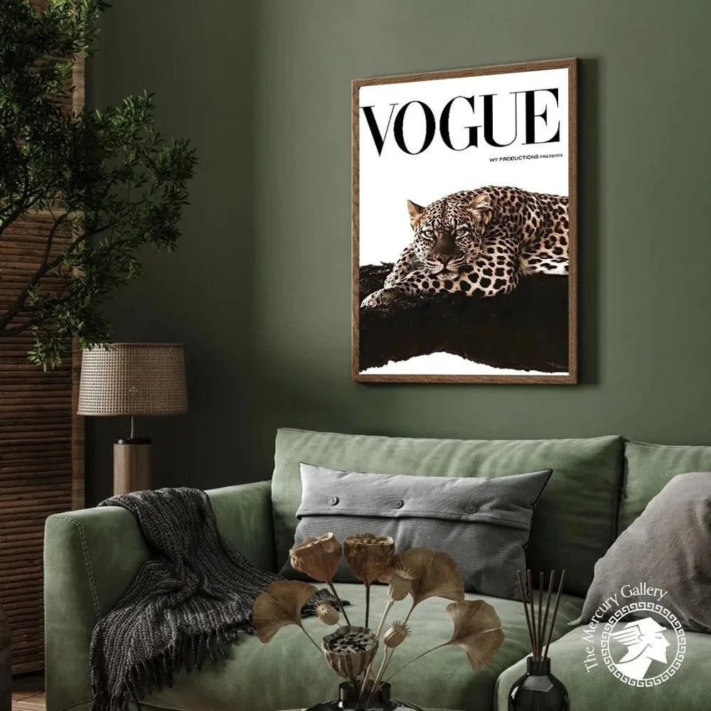 A framed vogue magazine cover with a black and white leopard on dark rock in a wooden frame for fashion wall art