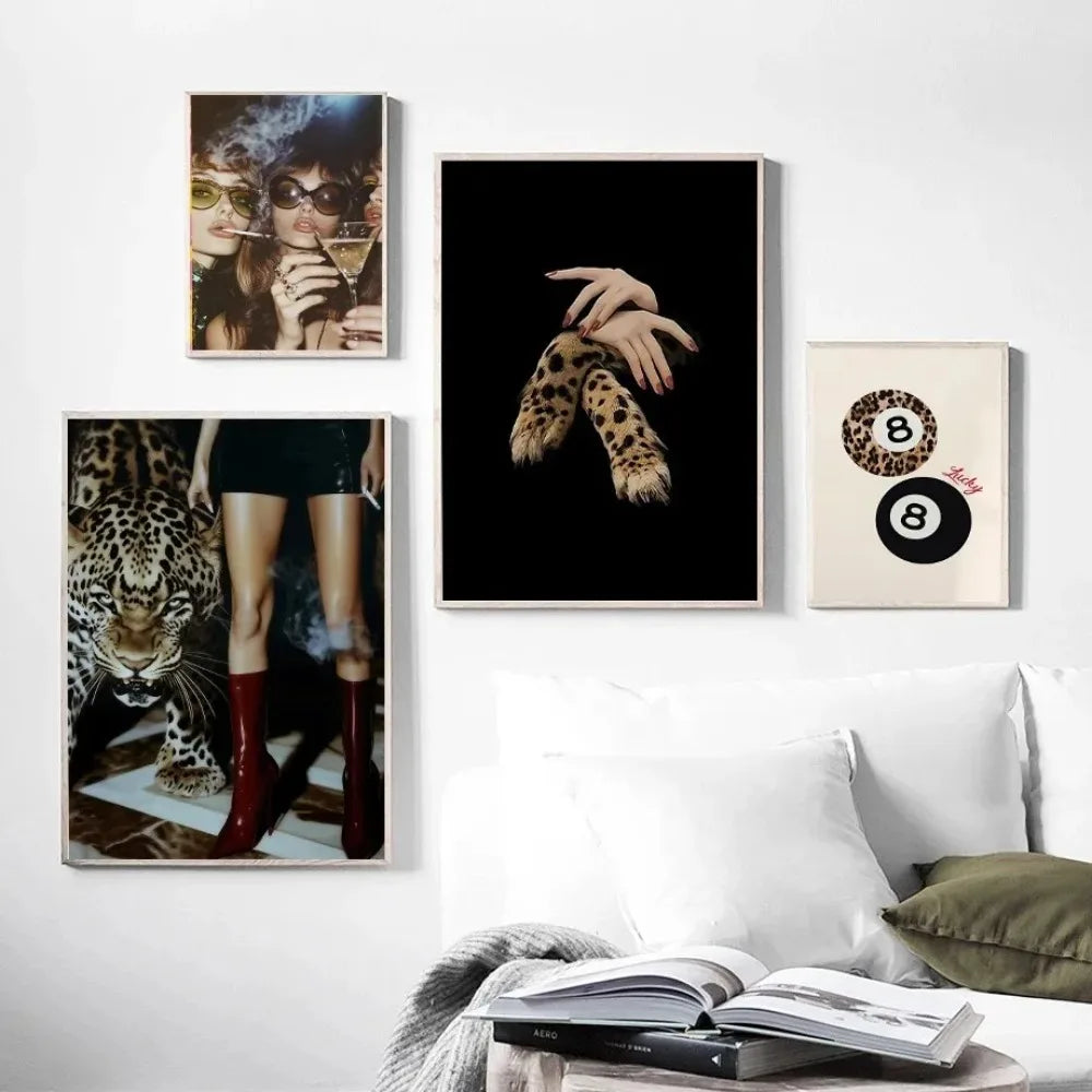 Set of four framed wall art prints featuring bold leopard motifs and billiard balls for room decor