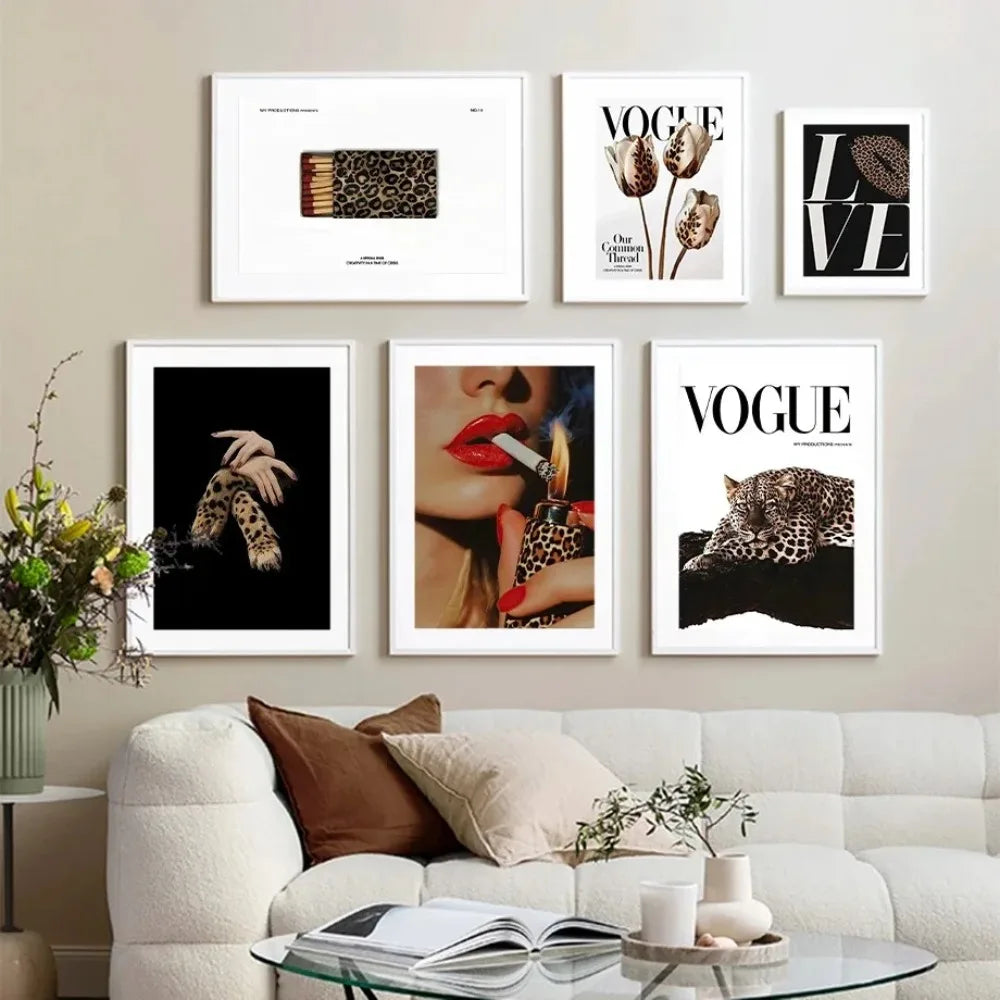 Set of six framed vogue-themed leopard print wall art prints with bold typography for fashion room decor