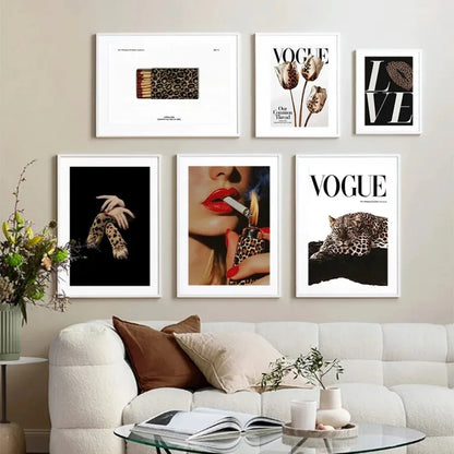 Set of six framed vogue-themed leopard print wall art prints with bold typography for fashion room decor