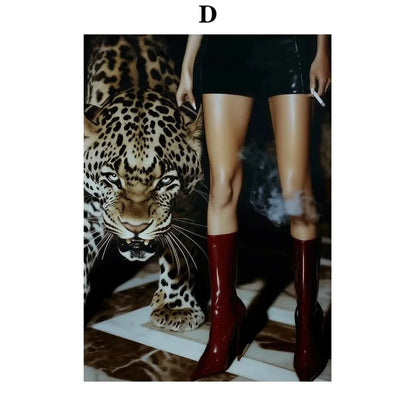 Shiny red patent leather high-heeled ankle boots featured with leopard rose fashion poster wall art decor