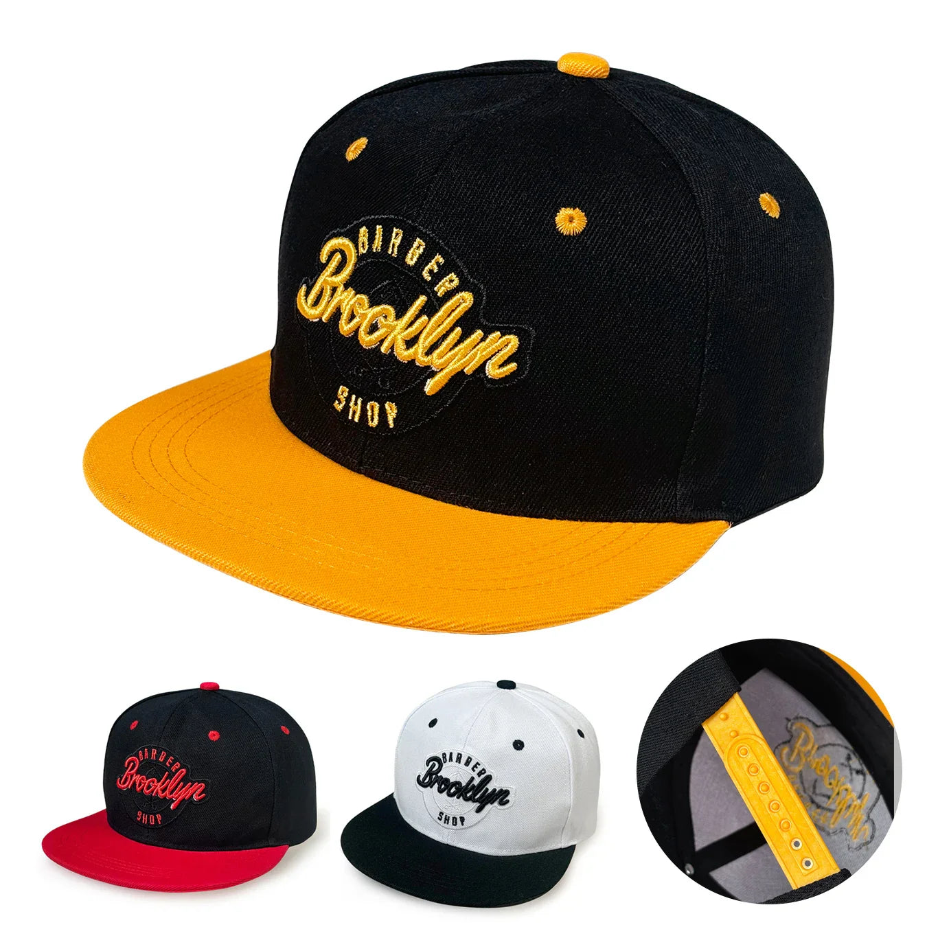 Black and yellow letter embroidered cap trendy baseball hat with adjustable flat brim for seasons fashionable hat