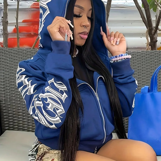 Blue hoodie with white letter print on sleeves and front zipper y2k gothic punk sweatshirt for women