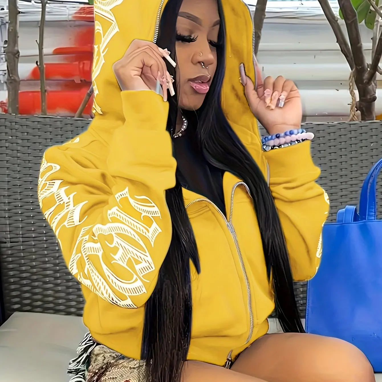 Yellow long sleeve zip up hoodie with white letter print in a y2k gothic punk sweatshirt style for women
